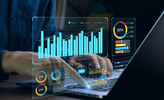 Businessman works on laptop Showing business analytics dashboard with charts, metrics, and KPI to analyze performance and create insight reports for operations management. Data analysis concept.Ai